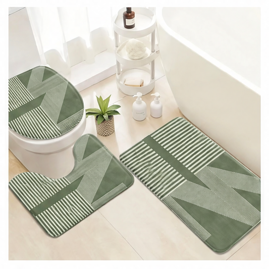 JupiGlow Sage Green Geometric Bathroom Rug Set, 3-Piece Suede Non-Slip Mats with Toilet Cover, Machine-Made Pastoral Décor