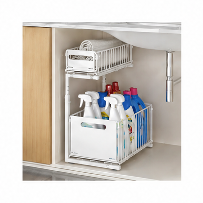JupiGlow 2-Tier Pull-Out Cabinet Organizer, Adjustable Under-Sink Storage Rack, Carbon Steel Slide-Out Basket, White or Black