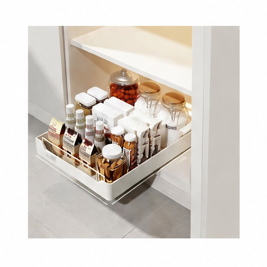 JupiGlow Pull-Out Cabinet Organizer, Metal Sliding Storage Tray with Damping Rails, No-Drill Adhesive Installation, Multiple Sizes