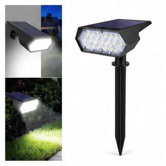 JupiGlow Solar LED Spotlights, Dimmable Outdoor Landscape Lights with Push-Button Control, Assembly Installation, White RGB or Warm White