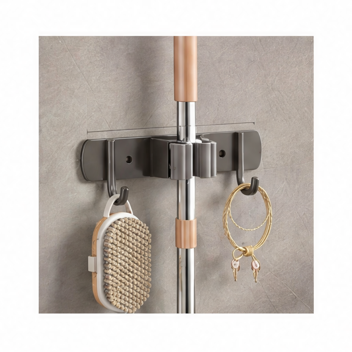 JupiGlow Stainless Steel Broom Wall Holder, 4 Clips and 5 Hooks, Wall-Mounted Kitchen Storage Rack for Cleaning Tools