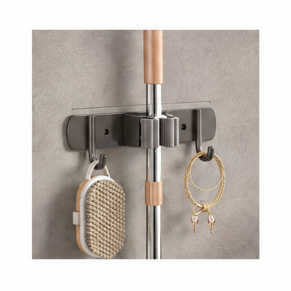 JupiGlow Stainless Steel Broom Wall Holder, 4 Clips and 5 Hooks, Wall-Mounted Kitchen Storage Rack for Cleaning Tools