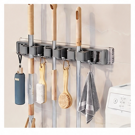 JupiGlow Wall-Mounted Broom and Mop Holder, Aluminum and ABS Tool Organizer with Hooks, No-Fuss Installation, Gray or Silver, 3- or 4-Card Options