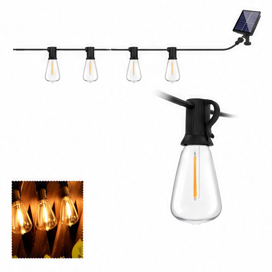 JupiGlow Solar String Lights, 24V ST38 LED Filament Bulbs, 8 Lighting Modes, IP44, 7.6m–30m Patio Garden Garland