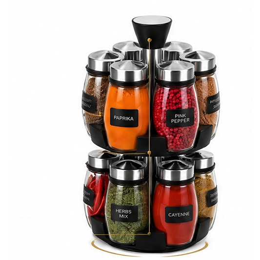 JupiGlow 12-Piece Glass Spice Jar Set with Rotating Kitchen Spice Rack, Countertop Herb and Pepper Shaker Carousel Organizer
