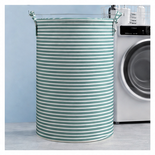 JupiGlow Foldable Striped Laundry Basket, Reusable Round Non-Woven Fabric Organizer with Handles, Small, Medium and Large Sizes