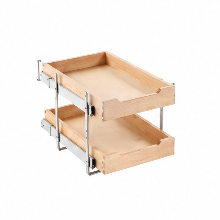 JupiGlow Pull-Out Cabinet Organizer, 2-Tier Birch Wood Drawer with Soft-Close Metal Rails, Adjustable Height for Kitchen Storage