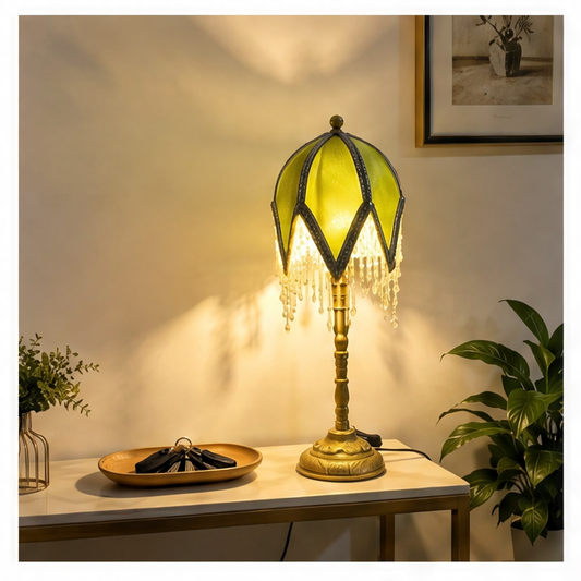 JupiGlow Vintage Fabric Table Lamp, European Tassel Shade, Bamboo-Joint Metal Base, E27 Bulb Socket, 110V US Plug for Bedroom