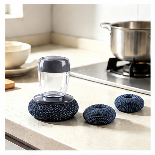 JupiGlow Self-Filling Soap Dispensing Dish Brush, Round Wire Scrubber with Replaceable Heads for Dishes, Pans, Sinks and Tiles