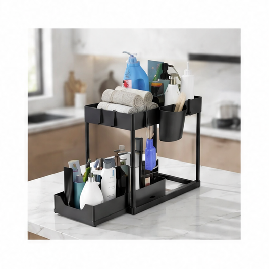 JupiGlow 2-Tier Pull-Out Under Sink Organizer, 5 Hooks and 3 Detachable Baskets, M Size, Black 1 or 2 Piece Storage Rack
