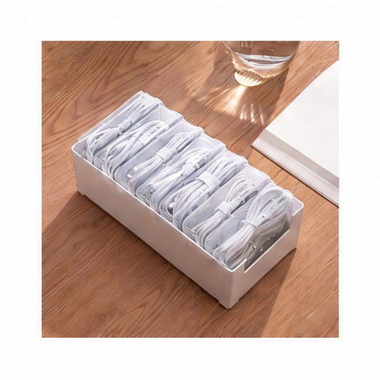 JupiGlow Cable Organizer Storage Box, 7 Clear Mini Boxes with Hinged Lids and Large Base Tray for Desk, Jewelry and Office Supplies