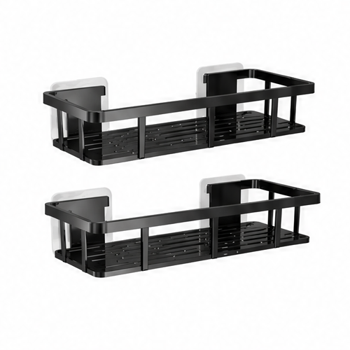 JupiGlow Corner Shower Shelf, Non-Perforated Wall-Mounted Bathroom Storage Rack, Waterproof PP Plastic, Black 2-Piece Set