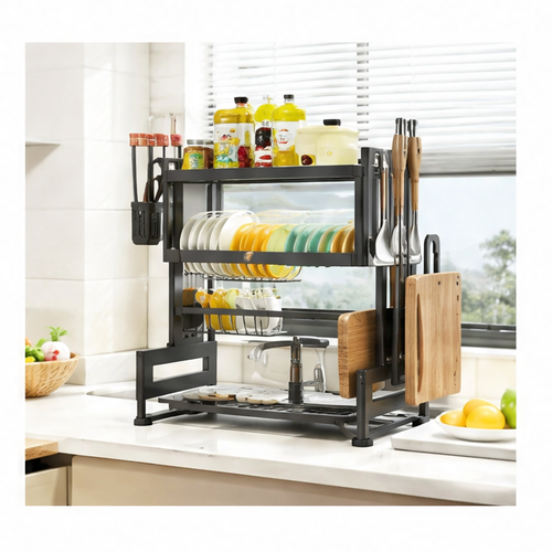 JupiGlow 2-Tier Over-Sink Dish Drying Rack, Plastic Organizer with Door, Grey Full Set in 65 cm to 105 cm Options