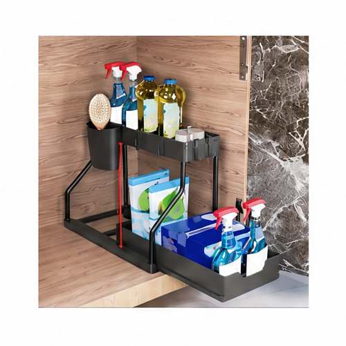 JupiGlow 2-Tier Pull-Out Pantry Organizer, R-Shaped Space-Saving Storage Drawer for Kitchen and Bathroom Countertops