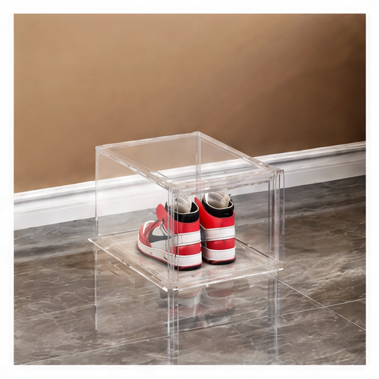JupiGlow Stackable Shoe Storage Box, Plastic Rectangle Organizer with Magnetic Flip Cover, Side or Front Opening Door