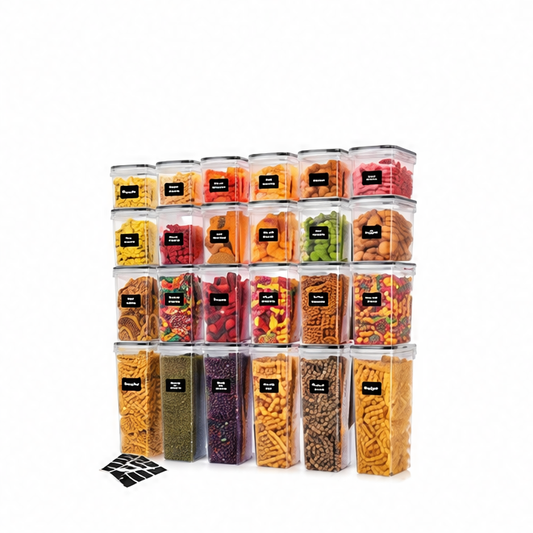 JupiGlow 24-Piece Airtight Kitchen Canister Set, Rectangular PP Food Storage Containers with Labels for Flour, Pasta, Grains and Spices