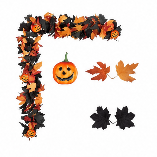 JupiGlow Halloween Wreath, Red and Black Artificial Leaves, Vines, Maple and Pumpkin Plastic Door and Fireplace Decoration