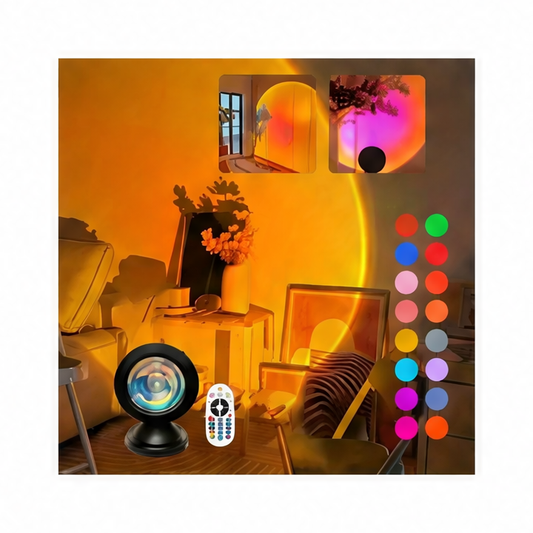 JupiGlow Sunset Projection Lamp, RGB LED Night Light, 16-Color Remote Control, 180° Beam, USB 5V 2A for Bedroom and Photography