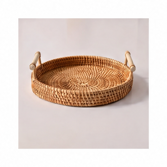 JupiGlow Handwoven Rattan Pantry Basket with Lid, Reusable Plant Fiber Storage Tray for Kitchen Countertops, 22, 24 or 28 cm