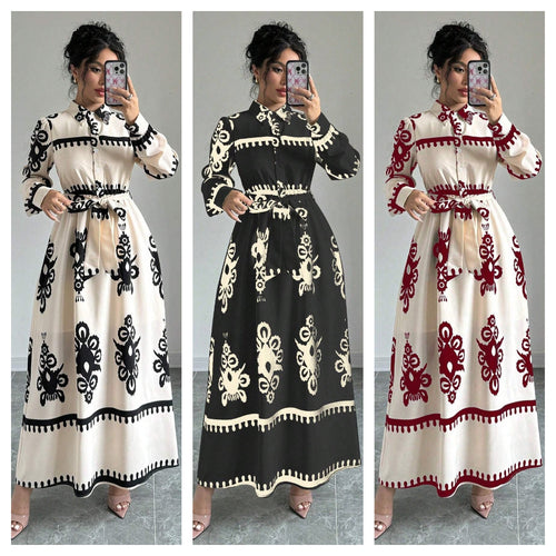Actual Shot of 2025 New Autumn and Winter Foreign Trade Cross-Border European and American Printed Strap Shirt Long-Sleeved Long Dress
