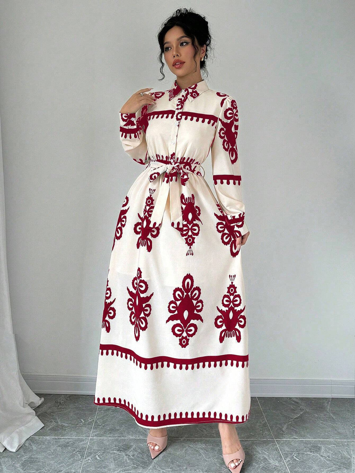 Actual Shot of 2025 New Autumn and Winter Foreign Trade Cross-Border European and American Printed Strap Shirt Long-Sleeved Long Dress