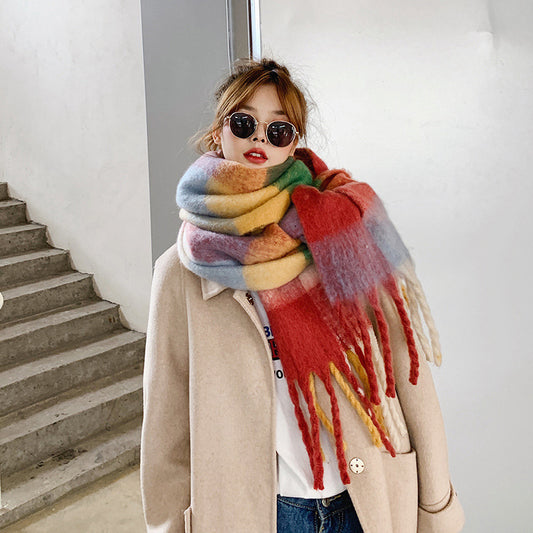Rainbow Scarf Women's Winter Shawl Couple Color Plaid Warm Thickened Instagram Popular Cute Girl Student All-Match