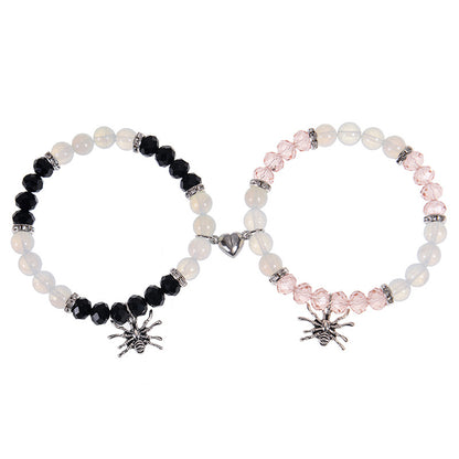 Personalized Dark Wind Halloween Spider Pendant Bracelet suit 8mm Crystal Onyx Stone Beaded Couple Bracelet