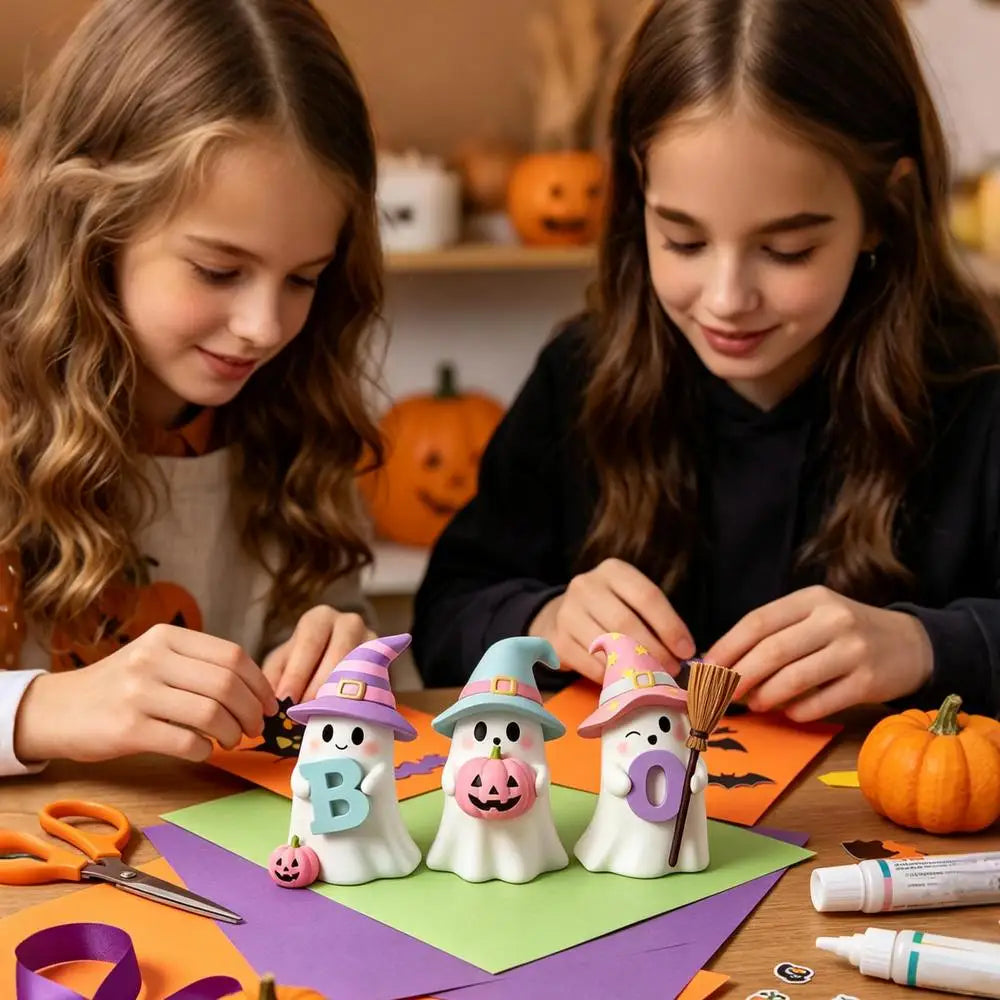 Halloween Ghost Decorations 3 Pack Cute Pumpkin Resin Statue Figurine Shelf Ornament Home Tabletop Desk Living Room Party Supply
