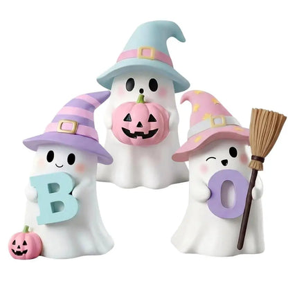 Halloween Ghost Decorations 3 Pack Cute Pumpkin Resin Statue Figurine Shelf Ornament Home Tabletop Desk Living Room Party Supply
