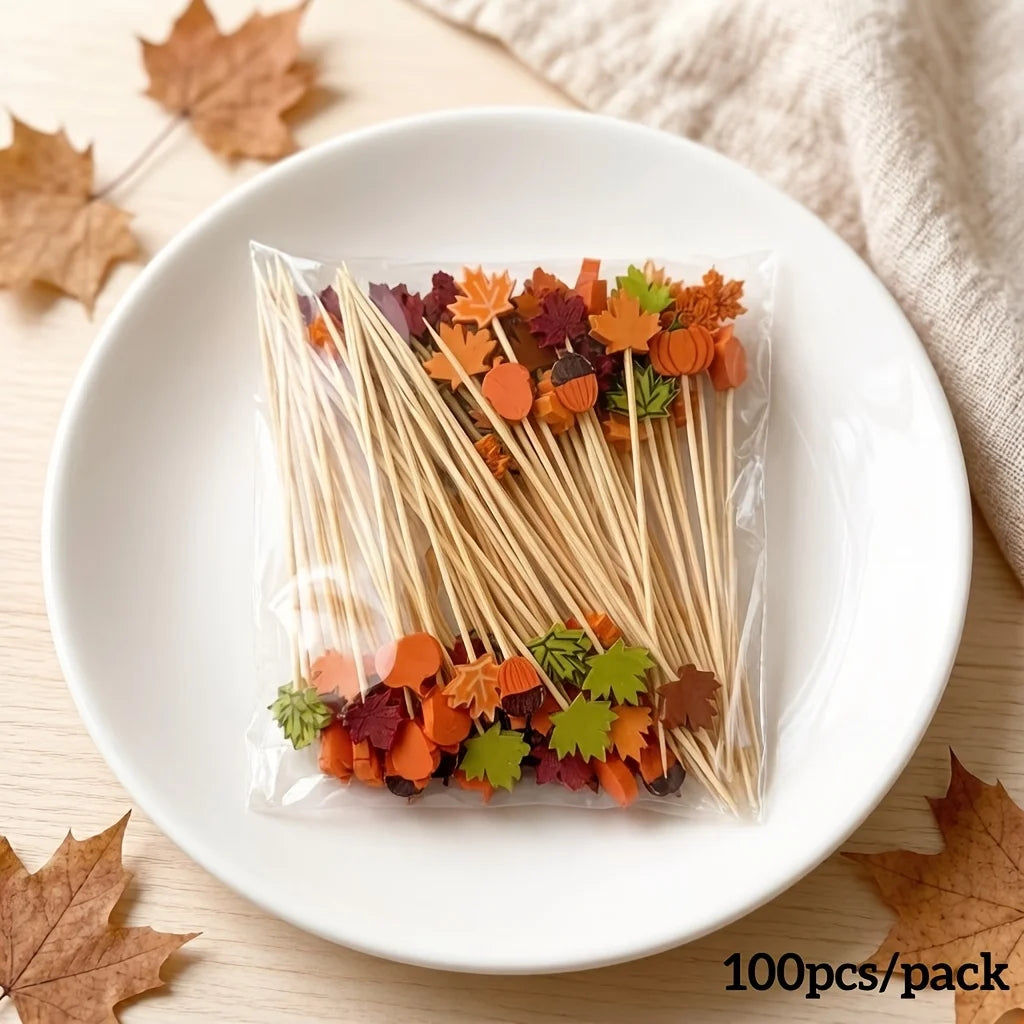 JupiGlow Autumn Bamboo Party Picks, 13cm, 100 Pieces