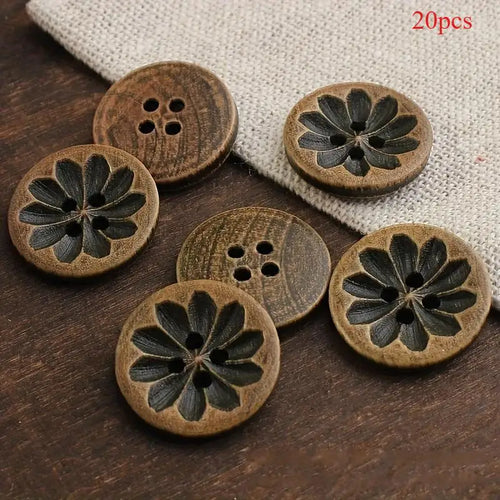 20pcs 18mm Vintage-Inspired Dark Brown Wooden Buttons with Intricate Carvings - Ideal for DIY Shirt Cardigan Sweater and Blazer