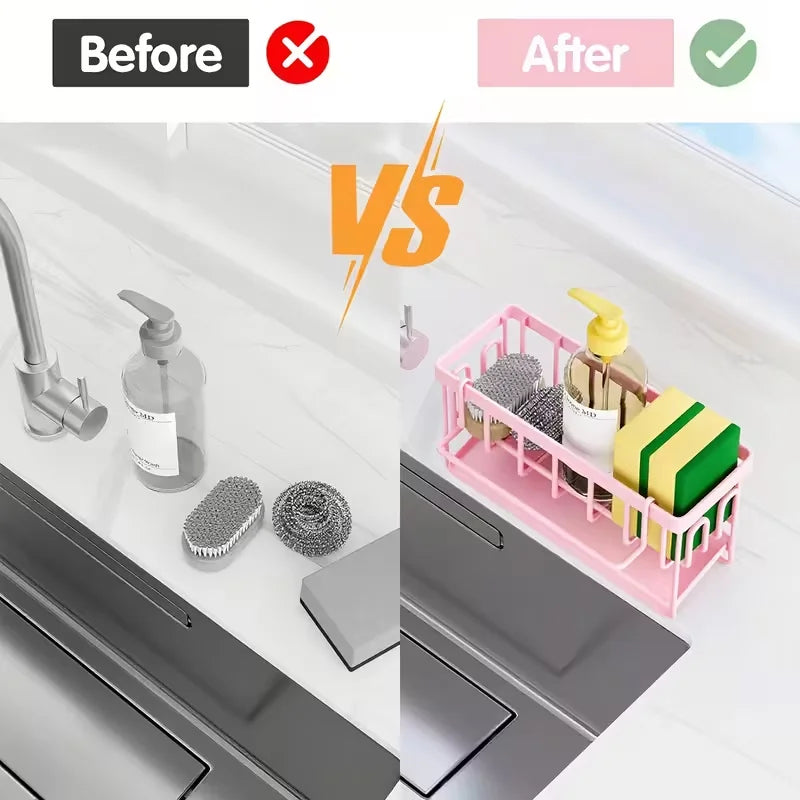 Pink Kitchen Sink Caddy Organiser, Sponge Holder with Drain Tray, Rustproof Countertop Storage Rack for Dish Soap & Brushes