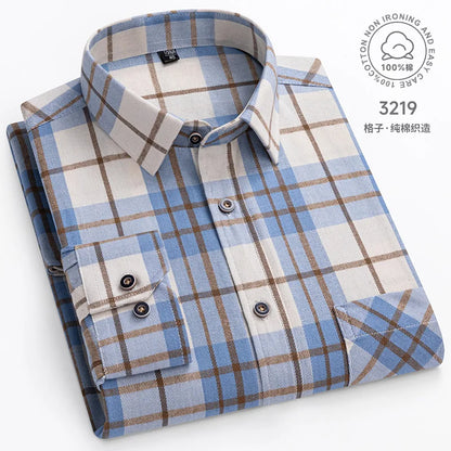 Men Fashion Long Sleeve Brushed Flannel Shirt Single Pocket Comfortable 100% Cotton Casual Slim Fit Button-down Plaid Shirts 8XL