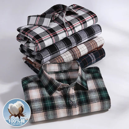 New Men's Vintage Plaid Flannel Shirt Long Sleeve 100% Cotton Fashion Casual Soft Standard Fit Men's Shirt  Large Size 7XL 8XL