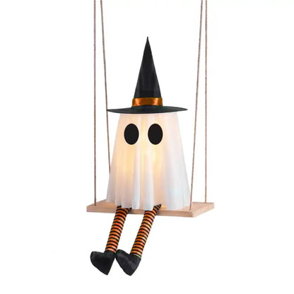 Halloween Hanging Swinging Ghost Decoration Spooky Light Up Swing Ghost with Witch Hat for Outdoor Tree Decor
