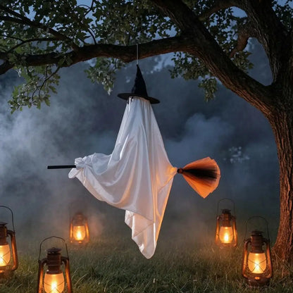 JupiGlow Hanging Broom Ghost Halloween Decoration