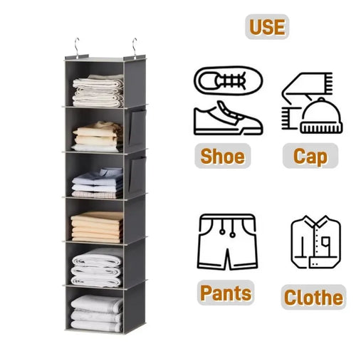 JupiGlow Six-Shelf Hanging Closet Organizer with Two Hooks