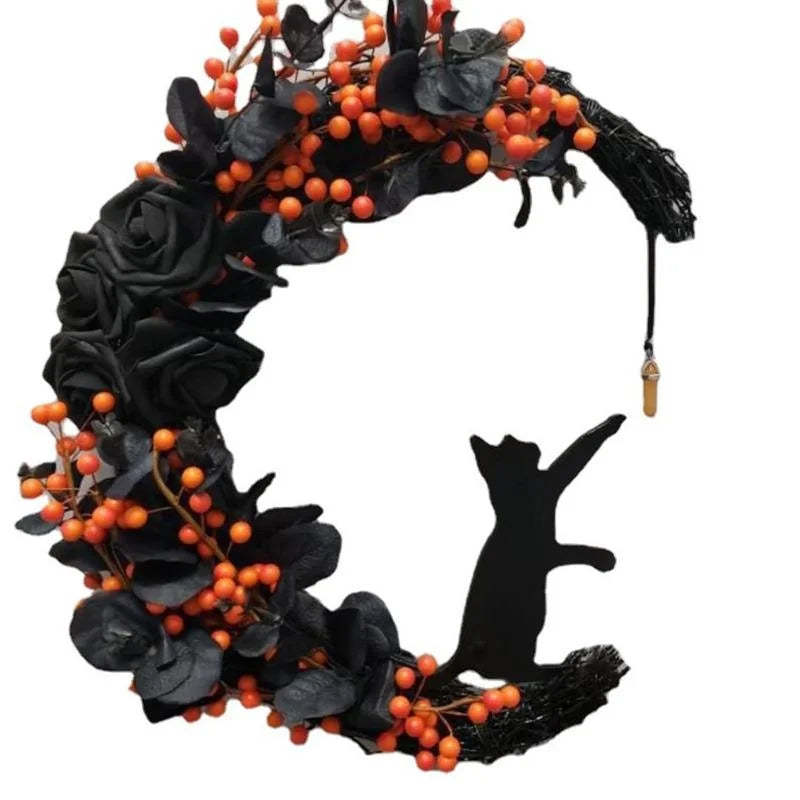 Halloween Moon Cat Garland With Rose Black Decorations Halloween Garland Halloween Wreath For Front Door Halloween Door Decor