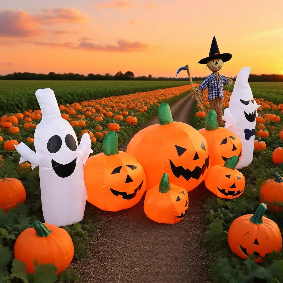 Halloween Inflatable Decorations 4 Pumpkin Lanterns with 2White Ghosts  Halloween Blow Up with Built-in LEDs for Outdoor