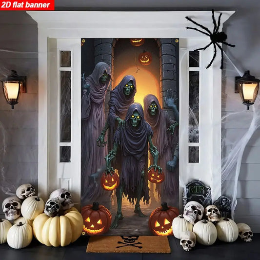One item, a 2D flat banner, with a Halloween theme, featuring terrifying ghosts, skulls and pumpkin decorations for a party.zyc
