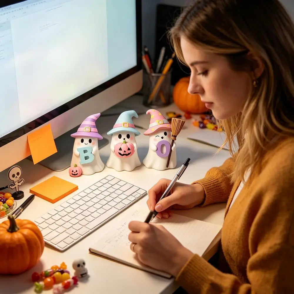 Halloween Ghost Decorations 3 Pack Cute Pumpkin Resin Statue Figurine Shelf Ornament Home Tabletop Desk Living Room Party Supply