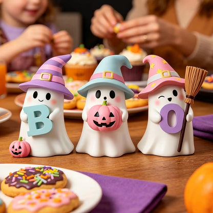 Halloween Ghost Decorations 3 Pack Cute Pumpkin Resin Statue Figurine Shelf Ornament Home Tabletop Desk Living Room Party Supply