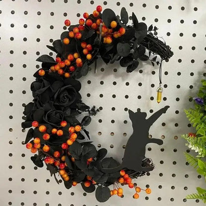 Halloween Moon Cat Garland With Rose Black Decorations Halloween Garland Halloween Wreath For Front Door Halloween Door Decor