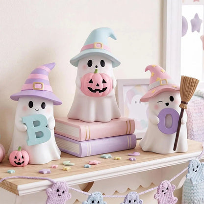 Halloween Ghost Decorations 3 Pack Cute Pumpkin Resin Statue Figurine Shelf Ornament Home Tabletop Desk Living Room Party Supply