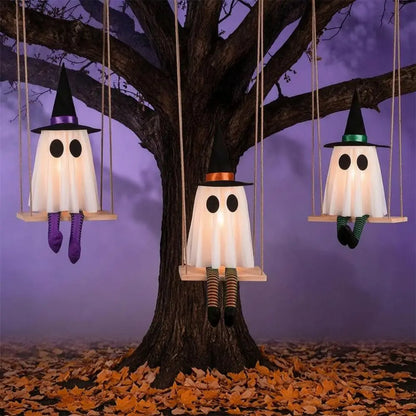 Halloween Hanging Swinging Ghost Decoration Spooky Light Up Swing Ghost with Witch Hat for Outdoor Tree Decor
