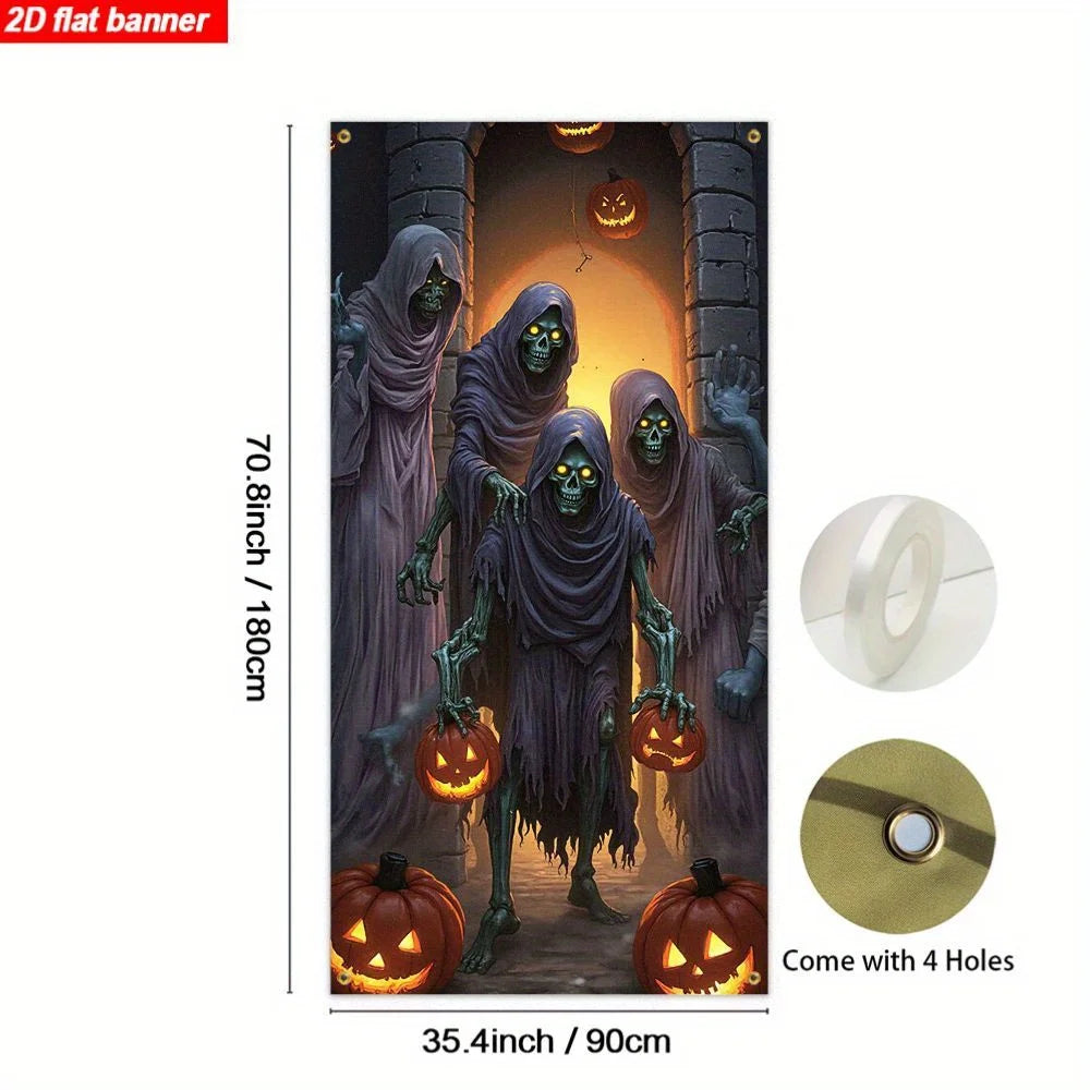 One item, a 2D flat banner, with a Halloween theme, featuring terrifying ghosts, skulls and pumpkin decorations for a party.zyc