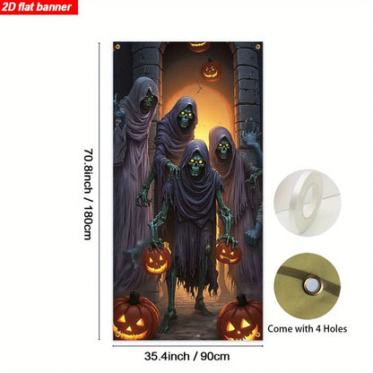 One item, a 2D flat banner, with a Halloween theme, featuring terrifying ghosts, skulls and pumpkin decorations for a party.zyc