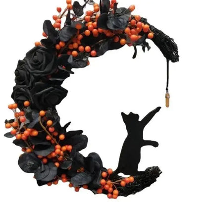 Halloween Moon Cat Garland With Rose Black Decorations Halloween Garland Halloween Wreath For Front Door Halloween Door Decor