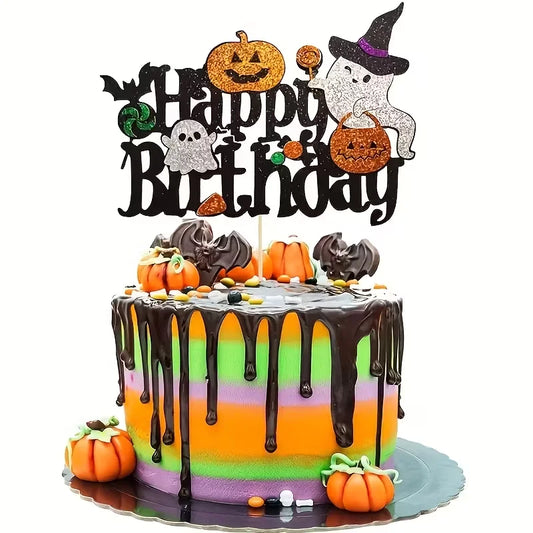 1/3 Halloween Cake Decoration - Spooky Birthday Party Decoration with "Happy Birthday" Text, Glittering Pumpkin, Bat - Wooden Ca