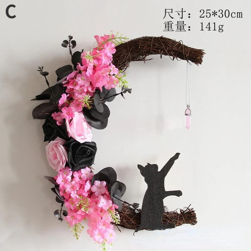Halloween Moon Cat Garland With Rose Black Decorations Halloween Garland Halloween Wreath For Front Door Halloween Door Decor